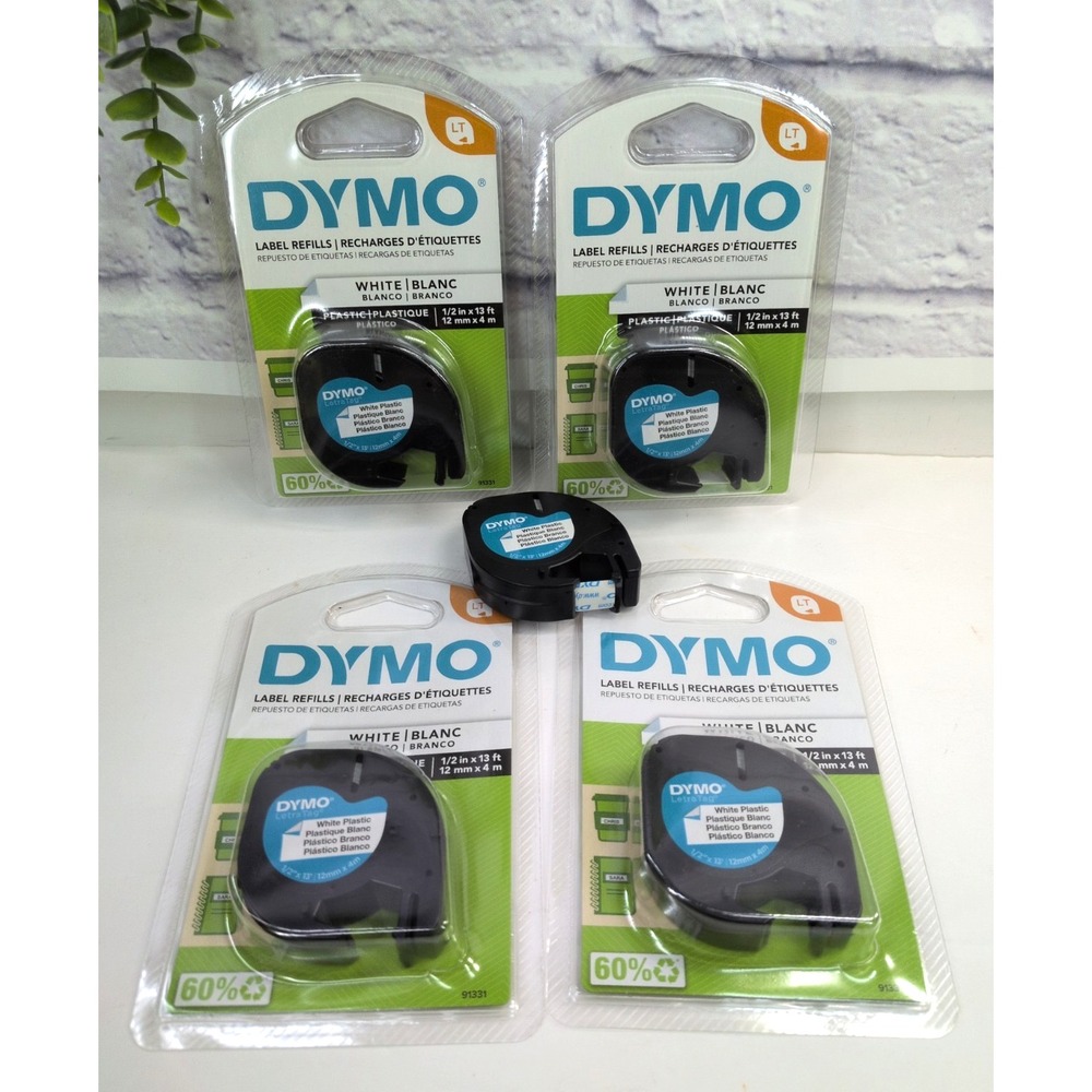 LOT 5!🚨Dymo LetraTag LT Label Refills White Plastic Label Tape 1/2"x13 ft Each